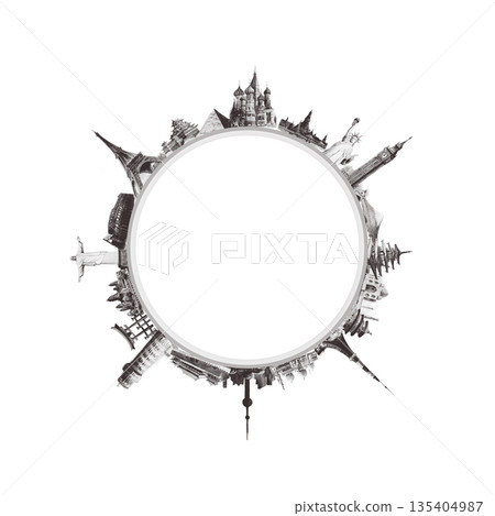 Famous world landmarks located around the globe isolated on white background. 135404987