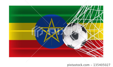 Ethiopia National Flag with Soccer Ball in Goal Net - Sports Competition and Football Championship Concept 135405027