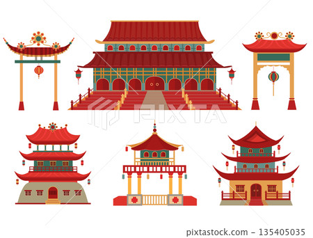 Set of Chinese buildings and temples in traditional style on isolated white background,Vector illustration. Set of Chinese buildings and temples in traditional style on isolated white background,Vector illustration. 135405035