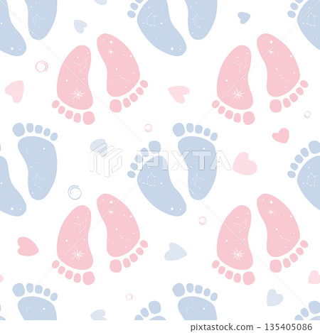 Seamless gender reveal pattern with boho baby feet and space symbols. Baby footprints with galaxy stars imprints. Vector illustration background 135405086