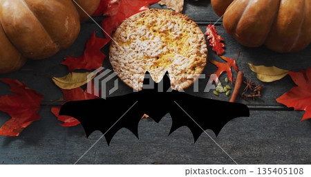 Bat image over autumn leaves, pumpkins, and pie on wooden background Bat image over autumn leaves, pumpkins, and pie on wooden background 135405108