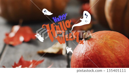 Happy Halloween text image with ghosts over pumpkins and autumn leaves Happy Halloween text image with ghosts over pumpkins and autumn leaves 135405111