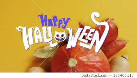 Happy Halloween text image over pumpkins and autumn leaves on yellow background Happy Halloween text image over pumpkins and autumn leaves on yellow background 135405113