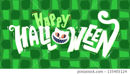 Image of happy halloween text over scary cat's face on green background Image of happy halloween text over scary cat's face on green background 135405124