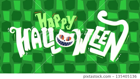 Happy Halloween text image with grinning cat face over green geometric background 135405136