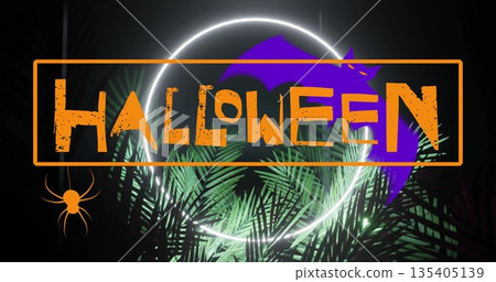 Image of happy halloween text over plants and bats on black background 135405139