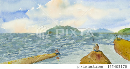 Watercolor landscape original painting on paper colorful of people fishing on the sea and wave, mountain in blue sky background. Watercolor landscape original painting on paper colorful of people fishing on the sea and wave, mountain in blue sky background. 135405176