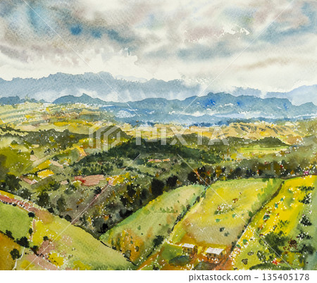 Travel rural village scenery farm landmarks in Thailand. Watercolor landscape original paintings. Travel rural village scenery farm landmarks in Thailand. Watercolor landscape original paintings. 135405178