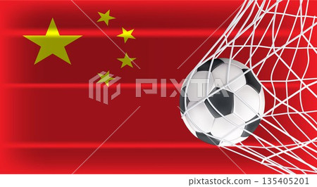China National Flag with Soccer Ball in Goal Net - Sports Competition and Football Championship Concept China National Flag with Soccer Ball in Goal Net - Sports Competition and Football Championship Concept 135405201