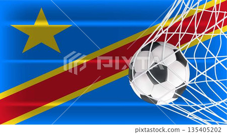 DR Congo National Flag with Soccer Ball in Goal Net - Sports Competition and Football Championship Concept 135405202