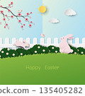 Easter background with cute rabbits and beautiful spring garden on sunshine day 135405282