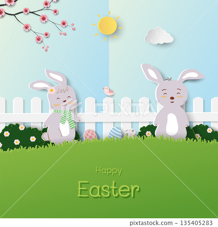 Easter background with cute rabbits and beautiful spring garden on sunshine day Easter background with cute rabbits and beautiful spring garden on sunshine day 135405283