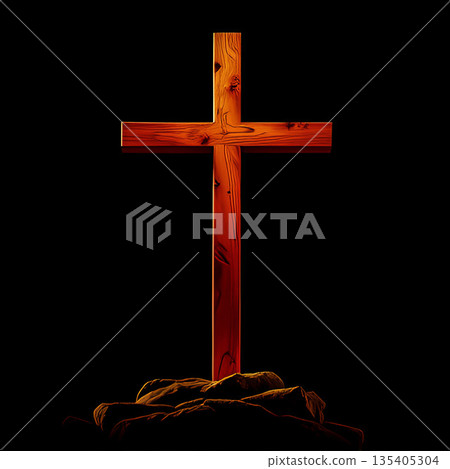 Wooden Christian Cross on Dark Background, Church Decorations, Spiritual Confinements, Spiritual Kits, Wooden Cross Symbols and Spiritual Imagination 135405304