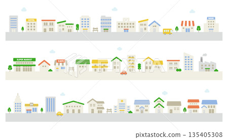 Cute townscape illustration material | Vector material with houses and buildings lined up Cute townscape illustration material | Vector material with houses and buildings lined up 135405308