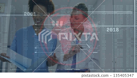 Doctor and nurse in uniform reviewing charts on clipboard at clinic, stethoscope, timeline overlay Doctor and nurse in uniform reviewing charts on clipboard at clinic, stethoscope, timeline overlay 135405347