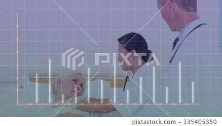 Monitoring senior patient chest with stethoscope by doctors in hospital ward featuring data overlay Monitoring senior patient chest with stethoscope by doctors in hospital ward featuring data overlay 135405350