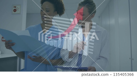 Labcoat doctor and scrub nurse analyzing data in hall with clipboard, blue folder and chart overlay Labcoat doctor and scrub nurse analyzing data in hall with clipboard, blue folder and chart overlay 135405366