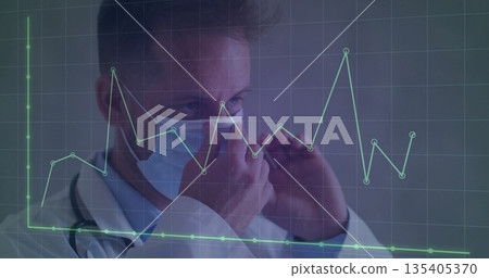 Adjusting labcoat-clad doctor donning surgical mask in clinic, with stethoscope and chart overlay Adjusting labcoat-clad doctor donning surgical mask in clinic, with stethoscope and chart overlay 135405370