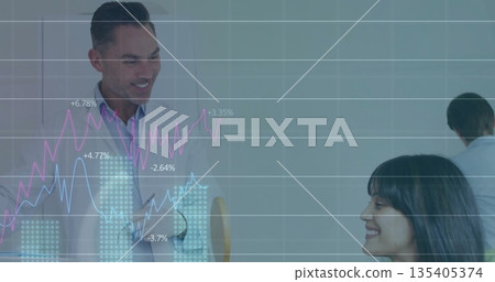 Professionals in business attire discussing financial data on tablet in office, with chart overlay Professionals in business attire discussing financial data on tablet in office, with chart overlay 135405374
