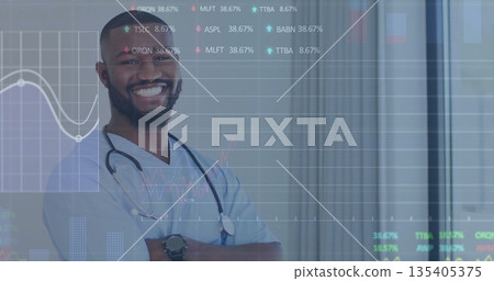 Smiling doctor wearing scrubs and stethoscope in office, vertical blinds, data overlay, copy space Smiling doctor wearing scrubs and stethoscope in office, vertical blinds, data overlay, copy space 135405375