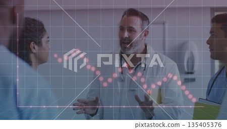 Discussing patient data doctor wearing stethoscope gesturing in hospital corridor with data grid Discussing patient data doctor wearing stethoscope gesturing in hospital corridor with data grid 135405376