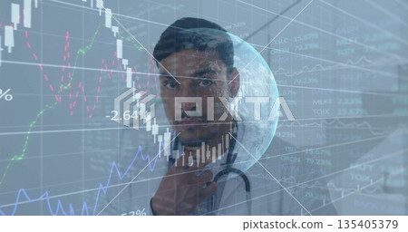 Doctor wearing lab coat and stethoscope reviewing trading charts on transparent display in clinic Doctor wearing lab coat and stethoscope reviewing trading charts on transparent display in clinic 135405379