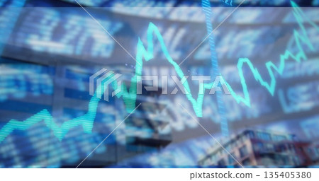 Displaying turquoise line chart sweeping across market display with ticker symbols and urban facade Displaying turquoise line chart sweeping across market display with ticker symbols and urban facade 135405380