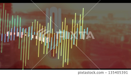 Displaying colorful equalizer bars overlaying sunset city skyline, with smartphone silhouette Displaying colorful equalizer bars overlaying sunset city skyline, with smartphone silhouette 135405391