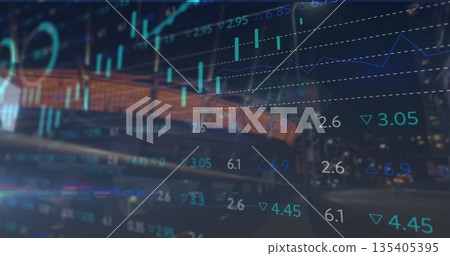 Displaying line graph overlay with numerical tickers on city street at night, with blurred vehicle 135405395