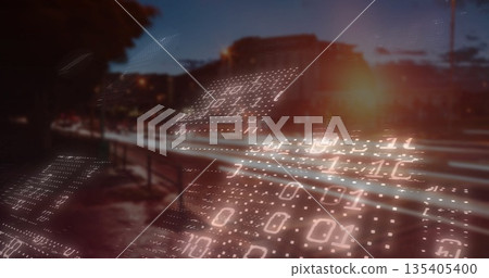 Hovering binary code matrices gliding over street at dusk, with vehicle light trails 135405400
