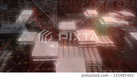 Floating square platforms forming staggered rows on digital circuit board, with binary code streams 135405402
