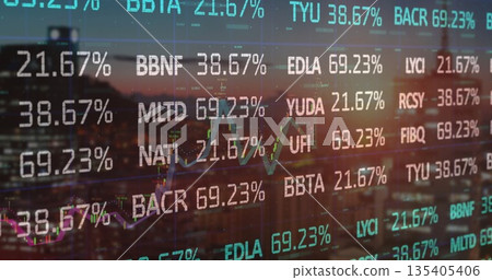 Showing stock tickers and percentages overlaying skyline, with digital panels and graphs Showing stock tickers and percentages overlaying skyline, with digital panels and graphs 135405406