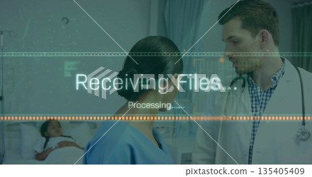 Speaking nurse and doctor consulting in pediatric ward, with hospital bed IV stand digital overlay Speaking nurse and doctor consulting in pediatric ward, with hospital bed IV stand digital overlay 135405409