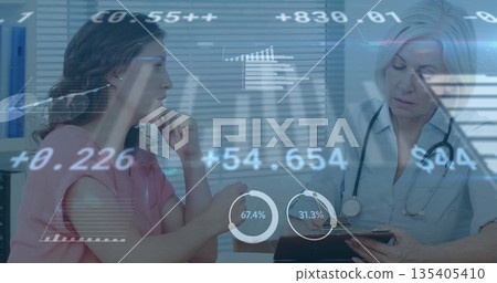Stethoscope-wearing physician reviewing clipboard consulting patient in clinic, with data charts Stethoscope-wearing physician reviewing clipboard consulting patient in clinic, with data charts 135405410