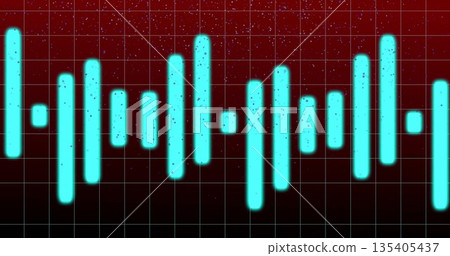 Displaying glowing cyan bars forming audio waveform rising on dark red display grid, with speckles 135405437