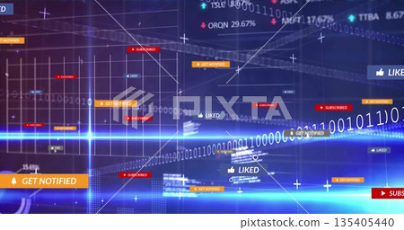 Drifting subscribed bars, get notified banners, liked icons, binary code and tickers in cyberspace Drifting subscribed bars, get notified banners, liked icons, binary code and tickers in cyberspace 135405440