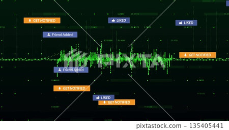 Displaying green digital waveform graph on computer interface, with floating notification labels Displaying green digital waveform graph on computer interface, with floating notification labels 135405441