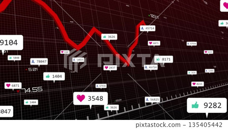 Displaying red line chart on grid screen, with floating thumbs-up heart user icons values Displaying red line chart on grid screen, with floating thumbs-up heart user icons values 135405442