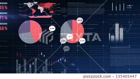 Dashboard displaying visuals on dark UI, with world map, pie charts, bar-line charts, speech icons 135405447