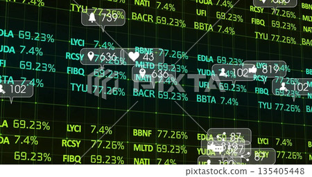 Displaying trading screen featuring ticker symbols, percentages, grid lines and notification icons 135405448