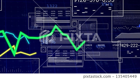 Displaying data visualization dashboard interface in analytics software, with neon green line chart 135405449