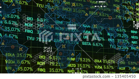 Rendering world map outlines on dark grid, overlaying tickers, % figures, shapes and clusters 135405450