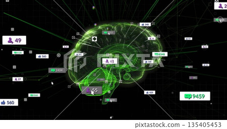 Floating translucent green wireframe brain model in cyberspace with neon notifications and nodes Floating translucent green wireframe brain model in cyberspace with neon notifications and nodes 135405453