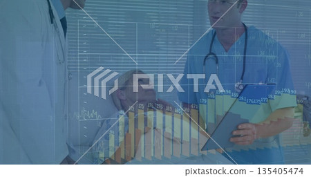 Examining female patient while medical staff reviewing charts in hospital room, data overlay 135405474
