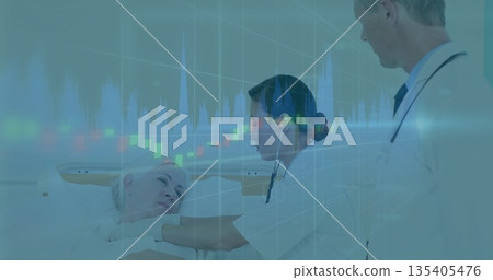 Examining senior patient wearing gown on bed rails in ward, with stethoscope and chart overlay 135405476