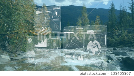 Floating digital panels showing graphs and globe icon over stream flowing past rocky bed in forest Floating digital panels showing graphs and globe icon over stream flowing past rocky bed in forest 135405507
