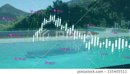 Showing chart overlaying pool at resort, with neon line graph, candlesticks and pink indicators Showing chart overlaying pool at resort, with neon line graph, candlesticks and pink indicators 135405511