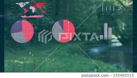 Digital data overlay presenting world map pie charts bar and line graphs in lush forest creek Digital data overlay presenting world map pie charts bar and line graphs in lush forest creek 135405513