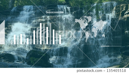 Showing waterfall cascading over mossy rocks in woods with bar chart, world map, timeline overlays Showing waterfall cascading over mossy rocks in woods with bar chart, world map, timeline overlays 135405518