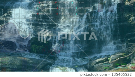 Flowing waterfall cascading over layered mossy ledges at forest gorge with digital ticker symbols Flowing waterfall cascading over layered mossy ledges at forest gorge with digital ticker symbols 135405522